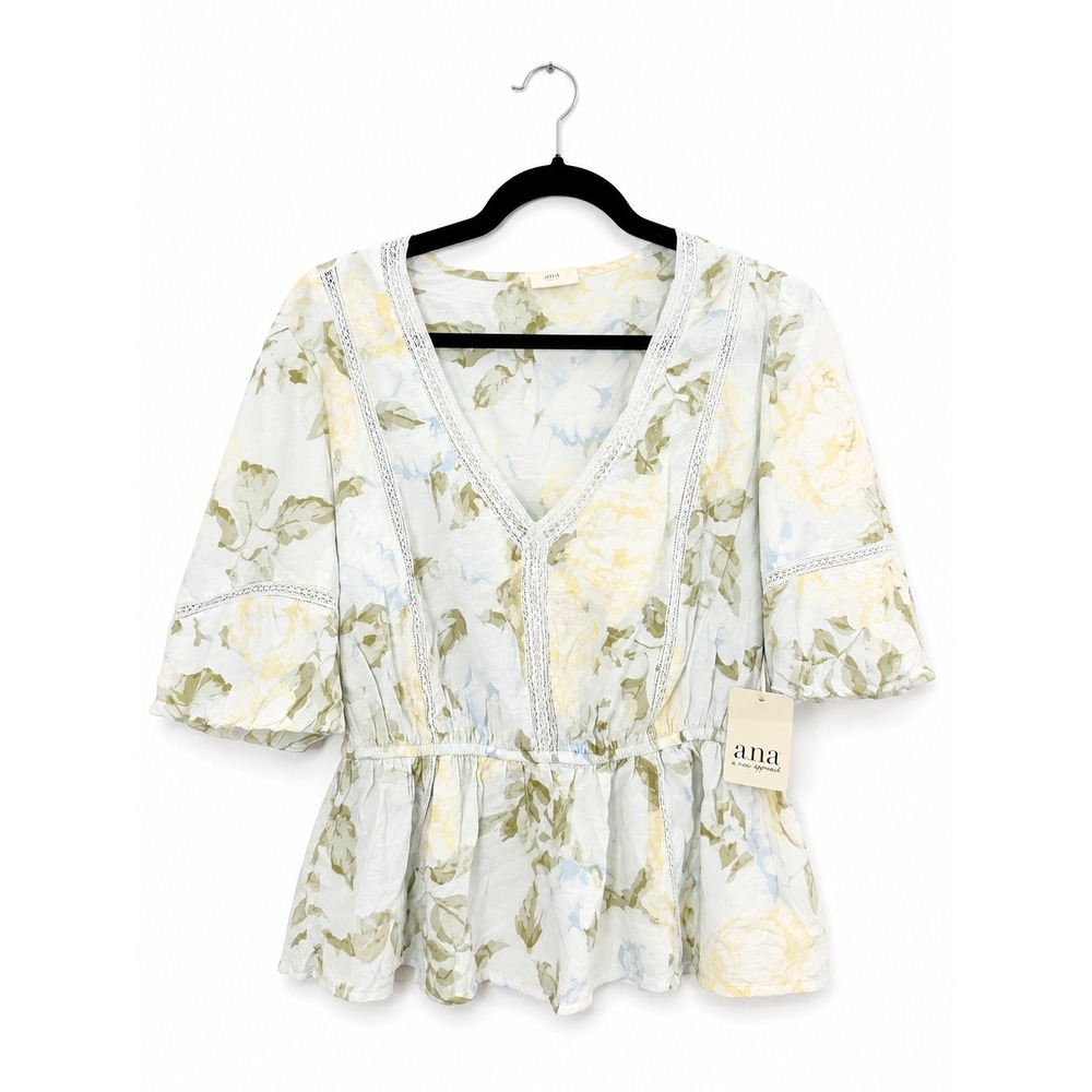 ANA A New Approach Floral Peplum Top V-Neck Lace Trim Puff Sleeve Blue M NWT
